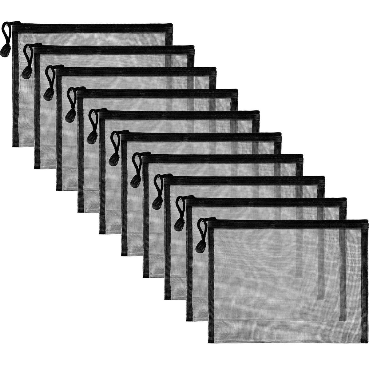 Norme 10er-Pack Schwarze Mesh-Taschen Kosmetiktaschen Reise-Organizer Mesh-Reißverschluss-Beutel Stiftetui, 24 x 18 cm