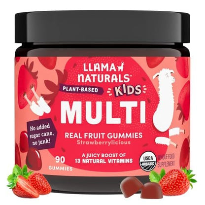 Llama Naturals Kinder Multivitamin Gummis | Mit echtem Obst, kein zugesetzter Zuckerrohr | Organische vegane Vollwert-Vitamine für Kleinkinder | Vitamin D, C & Beta-Carotin Gummibonbon | Erdbeere 90 Stück (1-2 Monate)