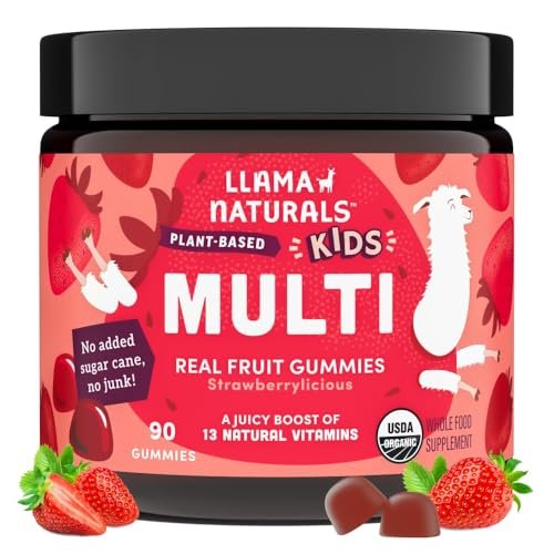 Llama Naturals Kinder Multivitamin Gummis | Mit echtem Obst, kein zugesetzter Zuckerrohr | Organische vegane Vollwert-Vitamine für Kleinkinder | Vitamin D, C & Beta-Carotin Gummibonbon | Erdbeere 90 Stück (1-2 Monate)