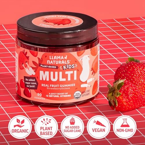 Llama Naturals Kinder Multivitamin Gummis | Mit echtem Obst, kein zugesetzter Zuckerrohr | Organische vegane Vollwert-Vitamine für Kleinkinder | Vitamin D, C & Beta-Carotin Gummibonbon | Erdbeere 90 Stück (1-2 Monate)