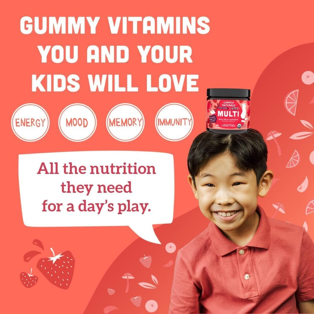 Llama Naturals Kinder Multivitamin Gummis | Mit echtem Obst, kein zugesetzter Zuckerrohr | Organische vegane Vollwert-Vitamine für Kleinkinder | Vitamin D, C & Beta-Carotin Gummibonbon | Erdbeere 90 Stück (1-2 Monate)