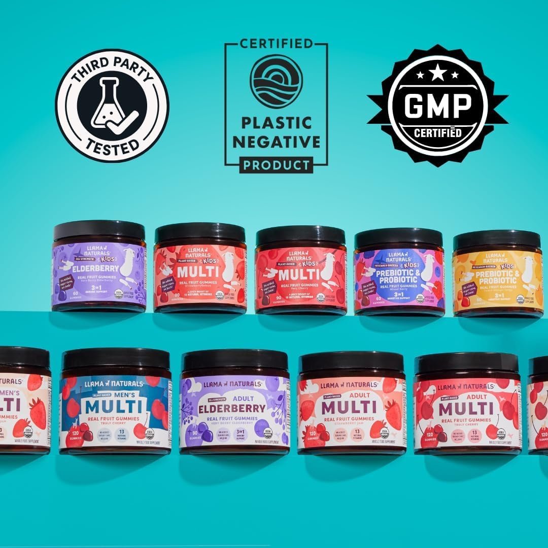 Llama Naturals Kinder Multivitamin Gummis | Mit echtem Obst, kein zugesetzter Zuckerrohr | Organische vegane Vollwert-Vitamine für Kleinkinder | Vitamin D, C & Beta-Carotin Gummibonbon | Erdbeere 90 Stück (1-2 Monate)