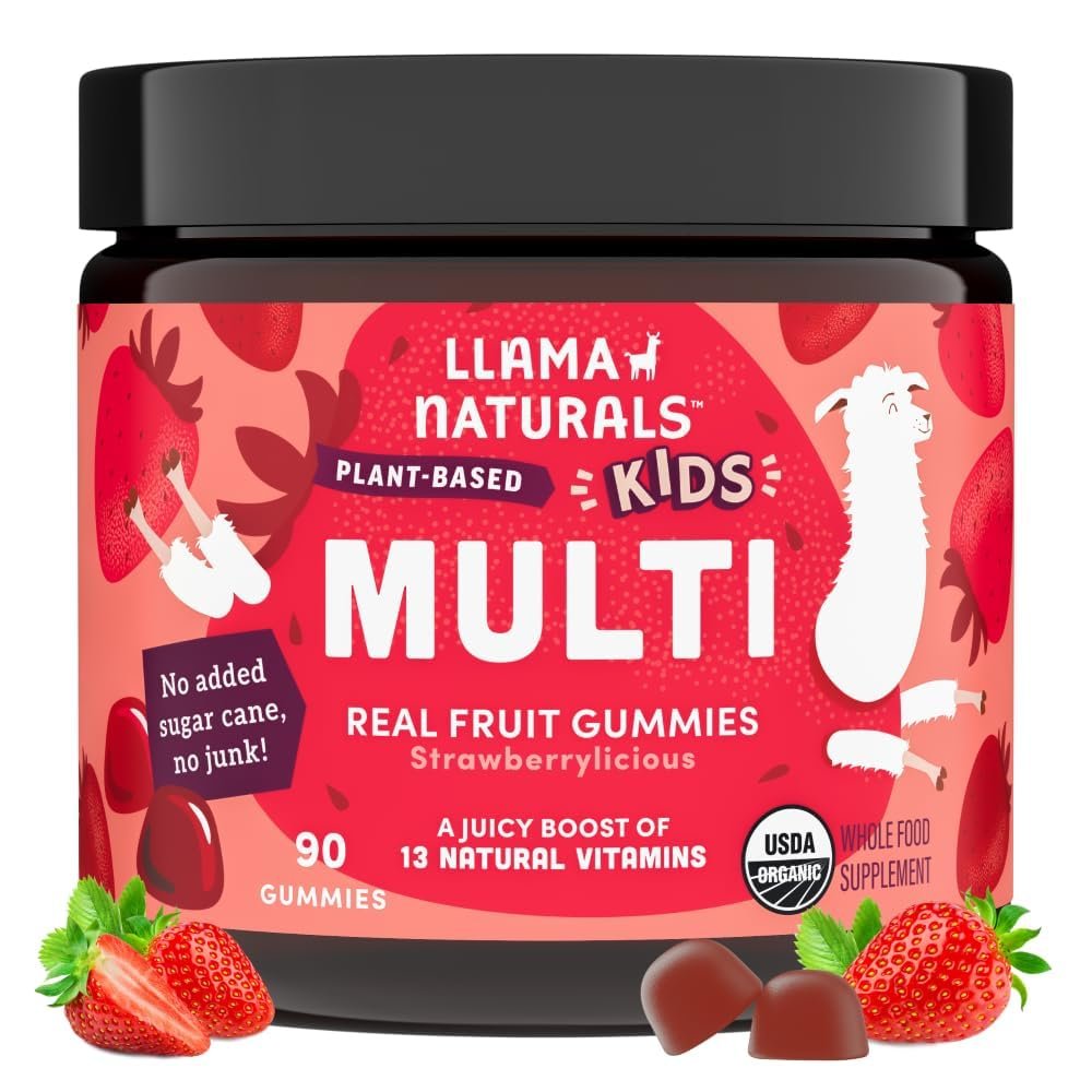 Llama Naturals Kinder Multivitamin Gummis | Mit echtem Obst, kein zugesetzter Zuckerrohr | Organische vegane Vollwert-Vitamine für Kleinkinder | Vitamin D, C & Beta-Carotin Gummibonbon | Erdbeere 90 Stück (1-2 Monate)