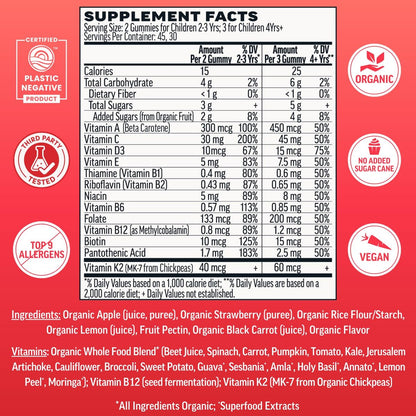 Llama Naturals Kinder Multivitamin Gummis | Mit echtem Obst, kein zugesetzter Zuckerrohr | Organische vegane Vollwert-Vitamine für Kleinkinder | Vitamin D, C & Beta-Carotin Gummibonbon | Erdbeere 90 Stück (1-2 Monate)