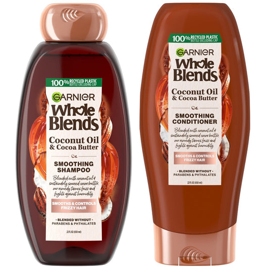 Garnier Whole Blends Glättendes Shampoo & Conditioner Set mit Kokosöl & Kakaobutter für Frizz-Haar, 2 x 22 Fl Oz (650 ml)