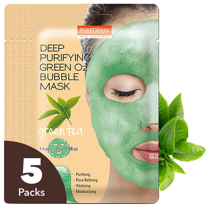 PUREDERM Deep Purifying Green O₂ Bubble Mask 0,88 oz (25 g) x 5 Stück – Reinigende Tiefenreinigung Gesichtsmaske mit Grüntee-Extrakt