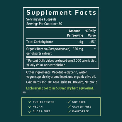 Gaia Herbs Bacopa - Kognitive Unterstützung & Gehirngesundheit - Mit Bacopa Monnieri für einen klaren Geist - 60 vegane Liquid-Phyto-Kapseln