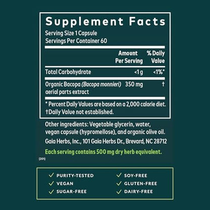 Gaia Herbs Bacopa - Kognitive Unterstützung & Gehirngesundheit - Mit Bacopa Monnieri für einen klaren Geist - 60 vegane Liquid-Phyto-Kapseln