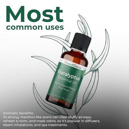 Viva Doria Eukalyptus ätherisches Öl, 100% rein, natürlich, unverdünnt, für Aromatherapie | Lebensmittelqualität, 30 ml (1 Fl Oz)