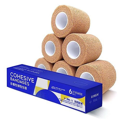 RISEN Kohäsive Binde 2" x 5 Yards, 6 Rollen, Selbsthaftender Verband, medizinisches Tape, atmungsaktive Erste-Hilfe-Gaze, ideal für Sport und Verletzungen