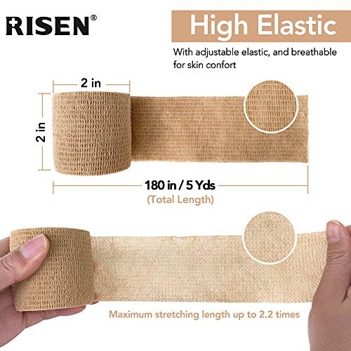 RISEN Kohäsive Binde 2" x 5 Yards, 6 Rollen, Selbsthaftender Verband, medizinisches Tape, atmungsaktive Erste-Hilfe-Gaze, ideal für Sport und Verletzungen