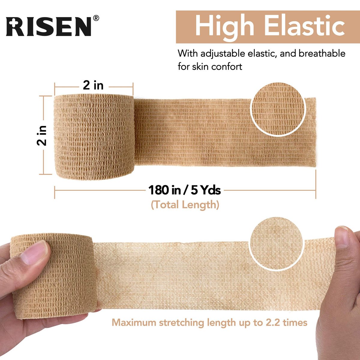 RISEN Kohäsive Binde 2" x 5 Yards, 6 Rollen, Selbsthaftender Verband, medizinisches Tape, atmungsaktive Erste-Hilfe-Gaze, ideal für Sport und Verletzungen