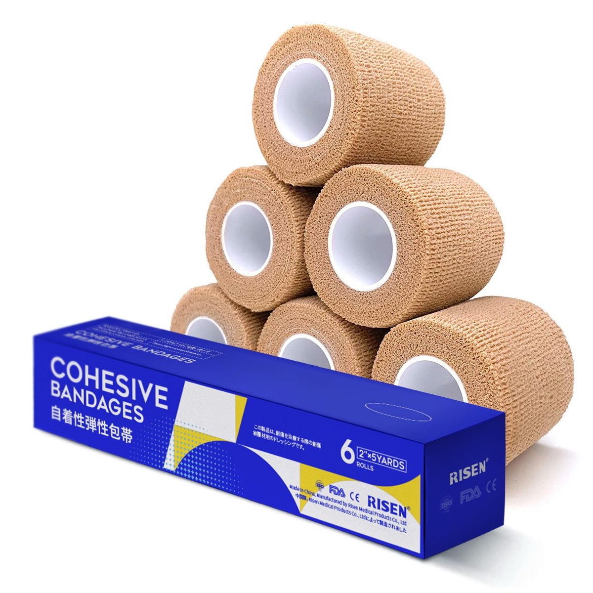 RISEN Kohäsive Binde 2" x 5 Yards, 6 Rollen, Selbsthaftender Verband, medizinisches Tape, atmungsaktive Erste-Hilfe-Gaze, ideal für Sport und Verletzungen