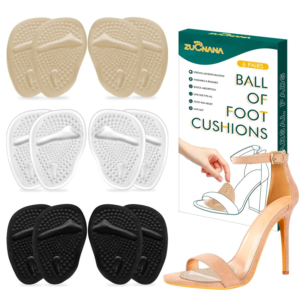 ZUCNANA Metatarsal-Pads Ball-of-Foot-Polster (6 Paare), Rutschfeste High-Heel-Einlagen für Damen, Einheitsgröße für alle Schuhe, wiederverwendbare Fußpolster für ganztägige Schmerzlinderung und Komfort