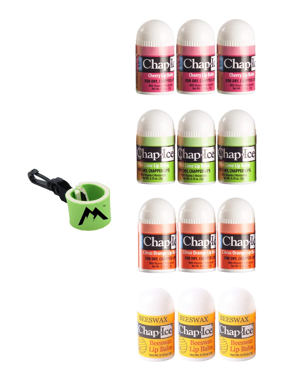 Chap-Ice® 12er Set Mini Lippenbalsam Assorted + 1 Lippenbalsam-Schlüsselanhänger mit Schwenkclip | Hergestellt in USA | 4 Geschmacksrichtungen – Kirsche, Citrus Orange, Kiwi Limette & Bienenwachs (je 0,10 Unzen/3 g)