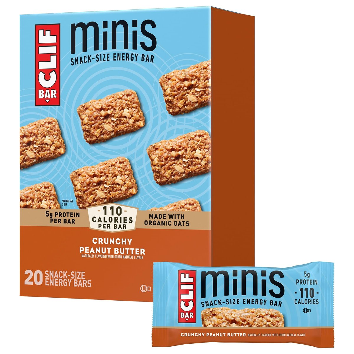 CLIF BAR Minis – Knusprige Erdnussbutter – Mit Hafer aus biologischem Anbau – 5 g Protein – Nicht-GVO – Pflanzlich – Snack-große Energieriegel – 0,99 oz (20er Pack)