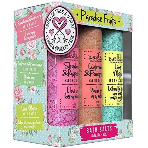 Badesalz für Frauen – Entspannendes Spa- & Fußbad – Bella & Bear Paradise Fruits – Fruchtig duftendes Badesalz Geschenkset (6er Pack, 60g) – Vegan & Tierversuchsfrei
