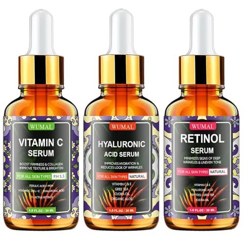 Wumal 3er-Pack Gesichtsserum Set – Vitamin C, Retinol & Hyaluronsäure – Straffend, aufhellend & feuchtigkeitsspendend – Reset für Ihre Haut Tag und Nacht