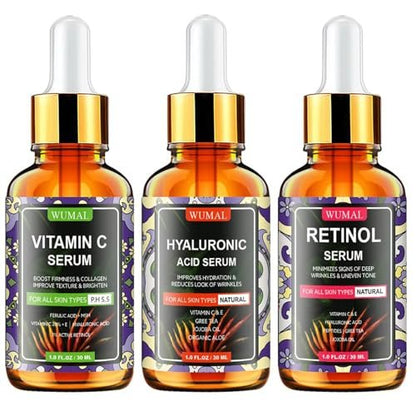 Wumal 3er-Pack Gesichtsserum Set – Vitamin C, Retinol & Hyaluronsäure – Straffend, aufhellend & feuchtigkeitsspendend – Reset für Ihre Haut Tag und Nacht