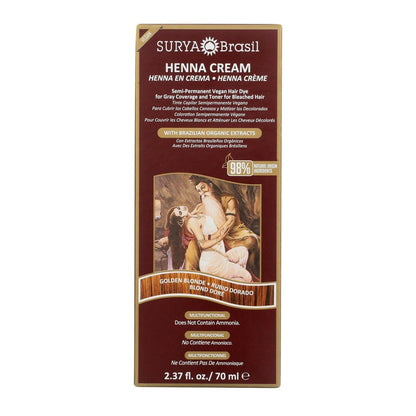Surya Brasil Henna Creme Goldblond – 98% natürliche Inhaltsstoffe, vegan, tierversuchsfrei, umweltfreundlich, semi-permanente Haarfarbe, tiefe Feuchtigkeit & Glanz, 2,37 oz