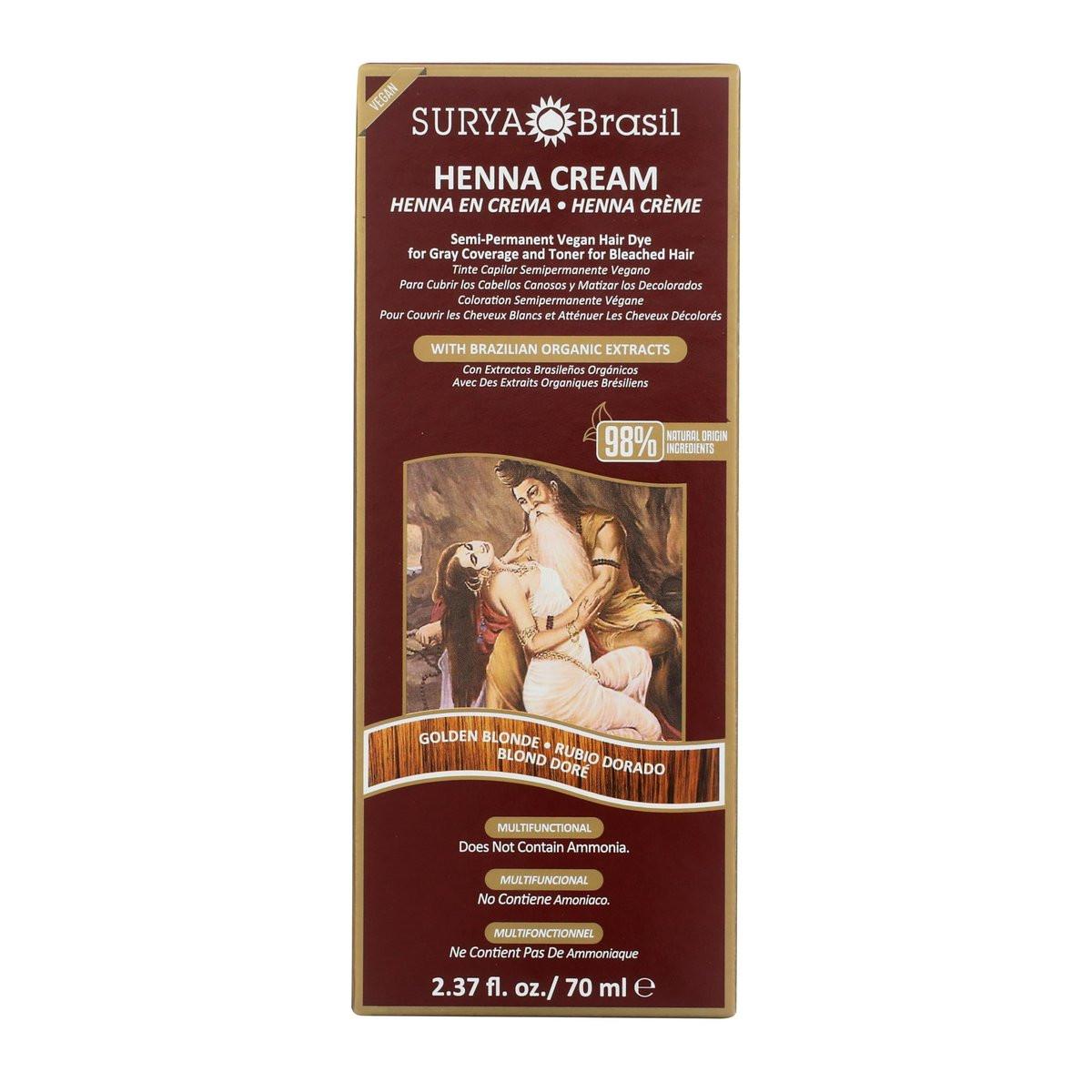 Surya Brasil Henna Creme Goldblond – 98% natürliche Inhaltsstoffe, vegan, tierversuchsfrei, umweltfreundlich, semi-permanente Haarfarbe, tiefe Feuchtigkeit & Glanz, 2,37 oz