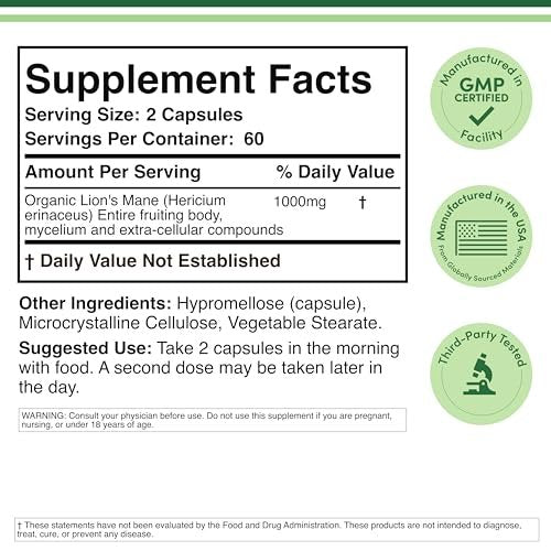 Bio Löwenmähne Pilz Kapseln (120 Stück) – Fokus & Immunsystem Unterstützung, in den USA angebaut & getestet