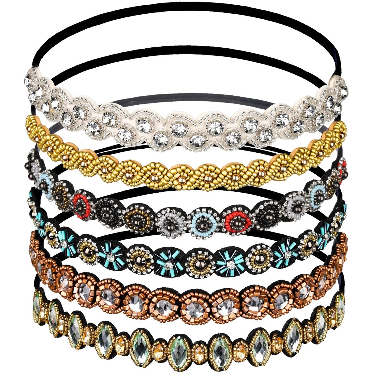 Teenitor 6er-Pack Elastische Perlen-Stirnbänder für Frauen, Schmuck-Rhinestone-Haarbänder, Mädchen-Haarbänder, Mehrfarbig 20-26,8 Zoll