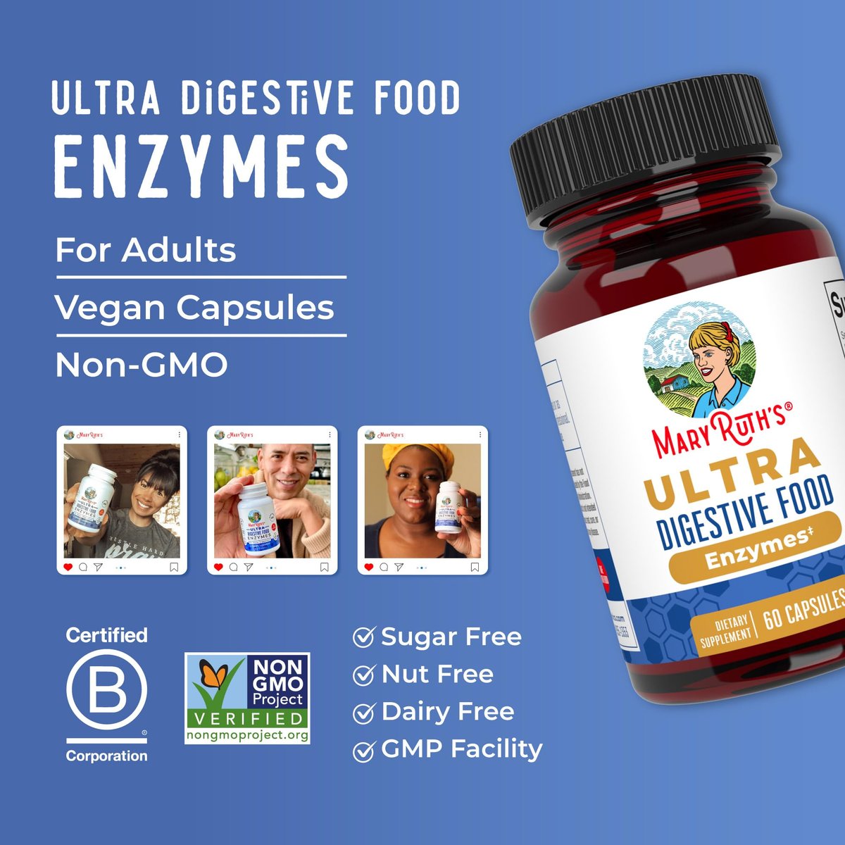 MARYRUTH'S Organics Ultra Verdauungsenzyme Kapseln | Bis zu 2 Monate Vorrat | Nahrungsergänzungsmittel für Darmgesundheit | Verdauungs- & Immununterstützung mit Amylase, Lipase & Lactase | Vegan | 60 Stück
