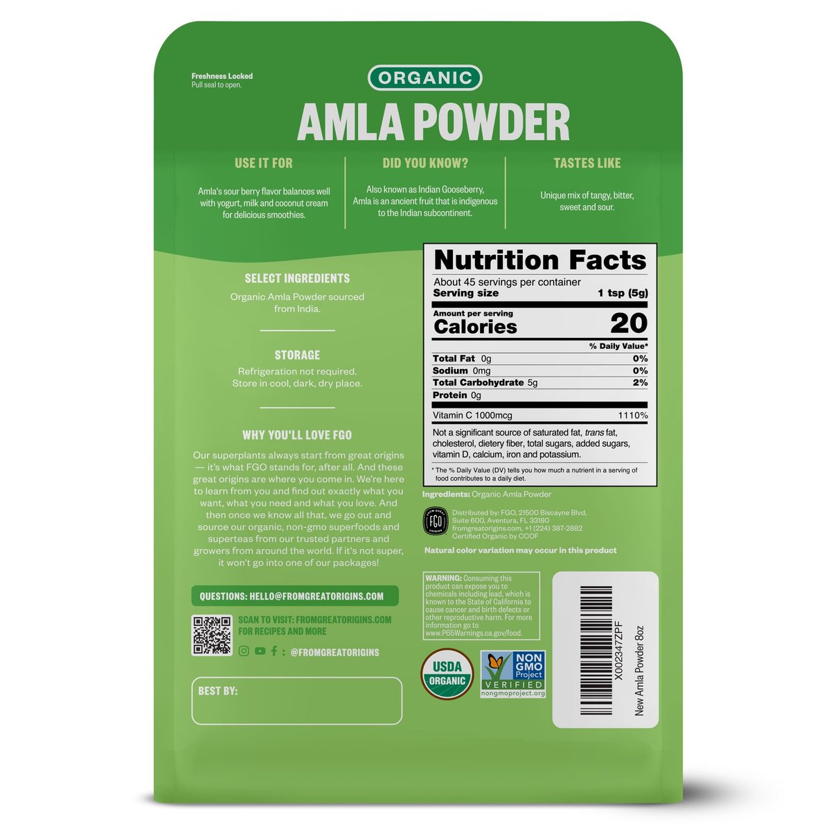 FGO Bio Amla-Pulver, 227g, USDA Bio Indische Stachelbeere (Amalaki), Nicht-GVO, Natürliches Vitamin C – 100% Roh und Natürlich (Packung mit 1)