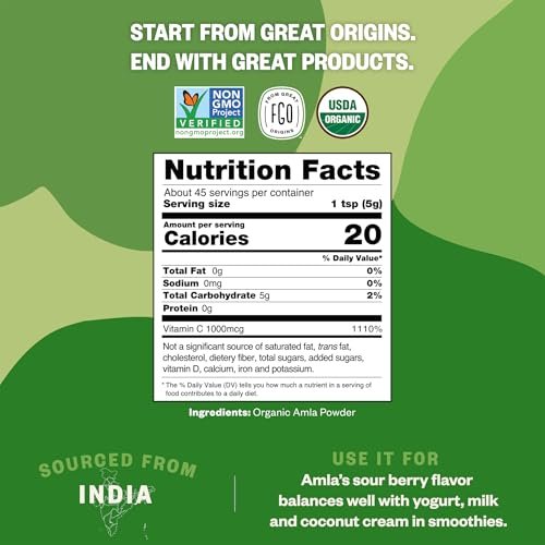 FGO Bio Amla-Pulver, 227g, USDA Bio Indische Stachelbeere (Amalaki), Nicht-GVO, Natürliches Vitamin C – 100% Roh und Natürlich (Packung mit 1)