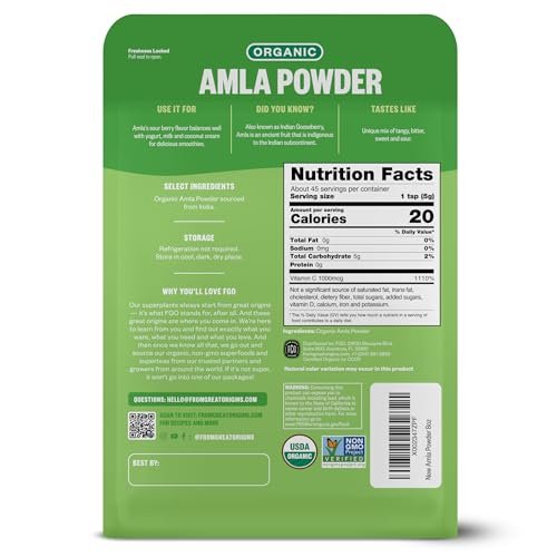 FGO Bio Amla-Pulver, 227g, USDA Bio Indische Stachelbeere (Amalaki), Nicht-GVO, Natürliches Vitamin C – 100% Roh und Natürlich (Packung mit 1)