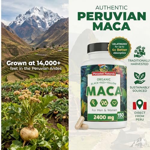 Bio Maca Kapseln für Frauen & Männer 2400 mg pro Portion - 150 Kapseln Schwarze, Rote, Gelbe Maca - Gelatinisierte Macawurzel, Nicht-GVO, Vegan von Peruvian Naturals
