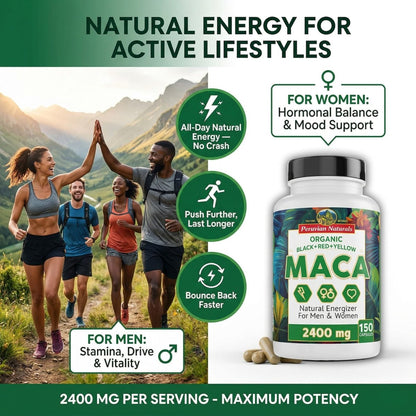 Bio Maca Kapseln für Frauen & Männer 2400 mg pro Portion - 150 Kapseln Schwarze, Rote, Gelbe Maca - Gelatinisierte Macawurzel, Nicht-GVO, Vegan von Peruvian Naturals