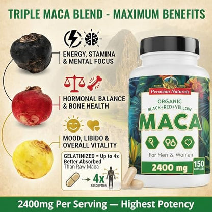 Bio Maca Kapseln für Frauen & Männer 2400 mg pro Portion - 150 Kapseln Schwarze, Rote, Gelbe Maca - Gelatinisierte Macawurzel, Nicht-GVO, Vegan von Peruvian Naturals