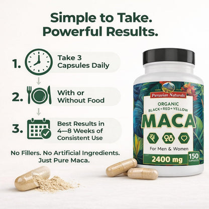 Bio Maca Kapseln für Frauen & Männer 2400 mg pro Portion - 150 Kapseln Schwarze, Rote, Gelbe Maca - Gelatinisierte Macawurzel, Nicht-GVO, Vegan von Peruvian Naturals