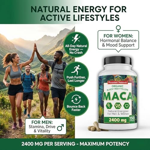 Bio Maca Kapseln für Frauen & Männer 2400 mg pro Portion - 150 Kapseln Schwarze, Rote, Gelbe Maca - Gelatinisierte Macawurzel, Nicht-GVO, Vegan von Peruvian Naturals