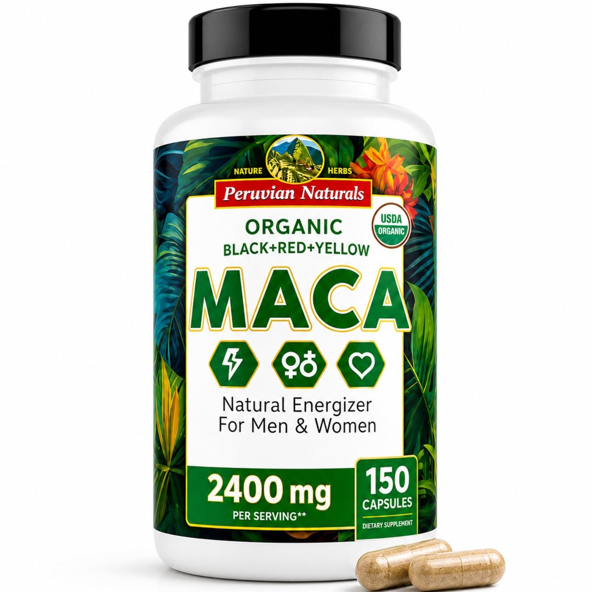 Bio Maca Kapseln für Frauen & Männer 2400 mg pro Portion - 150 Kapseln Schwarze, Rote, Gelbe Maca - Gelatinisierte Macawurzel, Nicht-GVO, Vegan von Peruvian Naturals