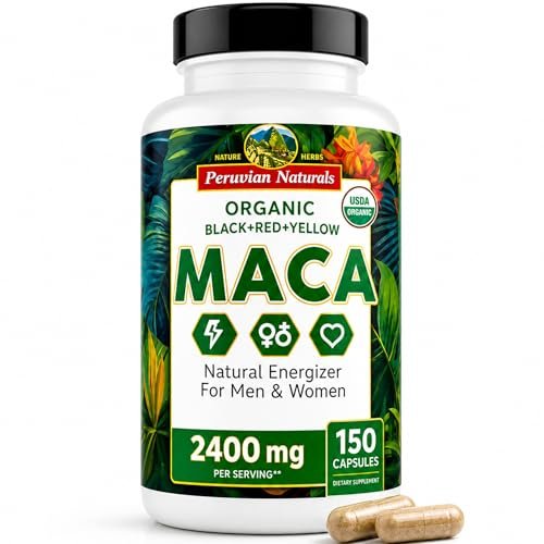 Bio Maca Kapseln für Frauen & Männer 2400 mg pro Portion - 150 Kapseln Schwarze, Rote, Gelbe Maca - Gelatinisierte Macawurzel, Nicht-GVO, Vegan von Peruvian Naturals