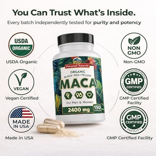 Bio Maca Kapseln für Frauen & Männer 2400 mg pro Portion - 150 Kapseln Schwarze, Rote, Gelbe Maca - Gelatinisierte Macawurzel, Nicht-GVO, Vegan von Peruvian Naturals