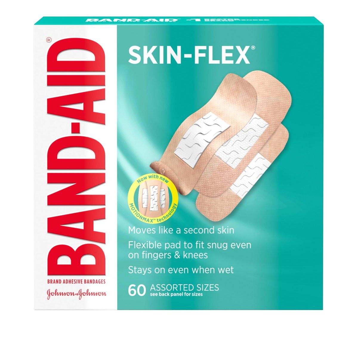 BAND-AID Brand Skin-Flex Haftverbände für Erste Hilfe & Wundversorgung bei kleinen Schnitten, Schrammen & Verbrennungen, flexible sterile Verbände ideal für Finger, Hände & Knie, verschiedene Größen, 60 Stück