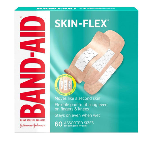 BAND-AID Brand Skin-Flex Haftverbände für Erste Hilfe & Wundversorgung bei kleinen Schnitten, Schrammen & Verbrennungen, flexible sterile Verbände ideal für Finger, Hände & Knie, verschiedene Größen, 60 Stück
