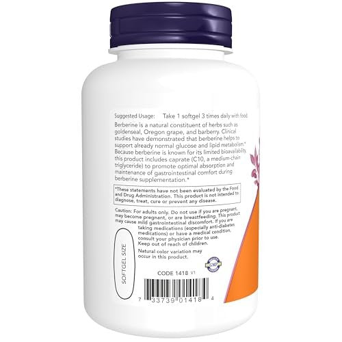NOW Foods Berberin Glucose Support mit MCT-Öl für optimale Aufnahme, 90 Softgels