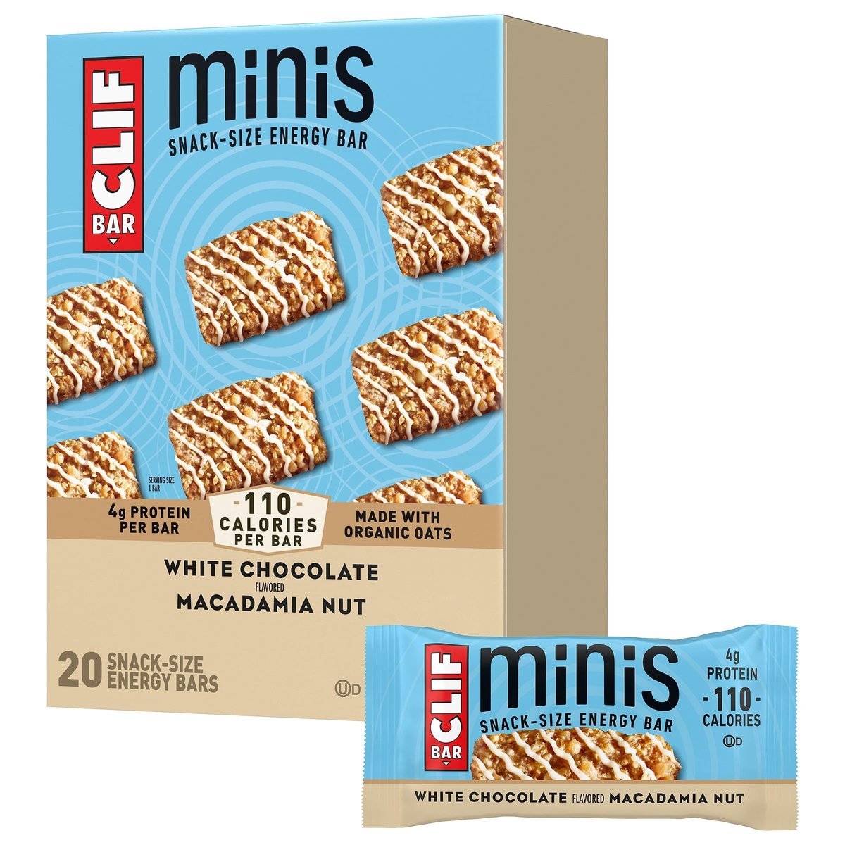 CLIF BAR Minis - Weiße Schokolade Macadamianuss - Mit Bio-Hafer - 4g Protein - Nicht-GVO - Pflanzlich - Snack-Riegel - 0,99 oz (20er Pack)