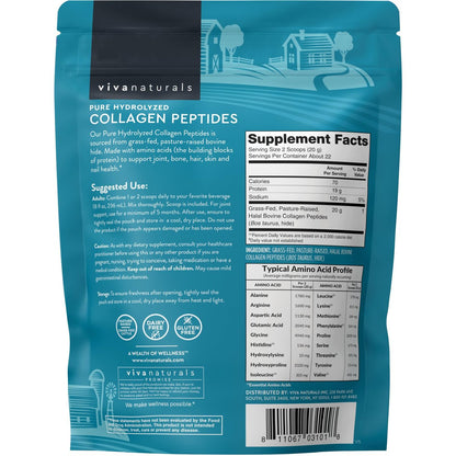 Viva Naturals Kollagen-Peptid-Pulver – Weidehaltung, hydrolysiertes Rinderkollagen Typ I & III – 19 g Protein, ungesüßt, leicht löslich – Unterstützung für Gelenke, Haut, Haare & Nägel – Paläo, Keto, Nicht-GVO – 454 g