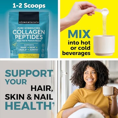 Viva Naturals Kollagen-Peptid-Pulver – Weidehaltung, hydrolysiertes Rinderkollagen Typ I & III – 19 g Protein, ungesüßt, leicht löslich – Unterstützung für Gelenke, Haut, Haare & Nägel – Paläo, Keto, Nicht-GVO – 454 g
