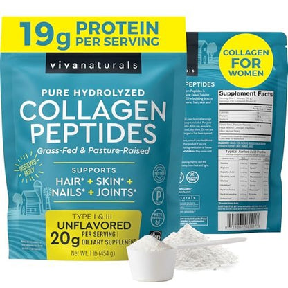 Viva Naturals Kollagen-Peptid-Pulver – Weidehaltung, hydrolysiertes Rinderkollagen Typ I & III – 19 g Protein, ungesüßt, leicht löslich – Unterstützung für Gelenke, Haut, Haare & Nägel – Paläo, Keto, Nicht-GVO – 454 g
