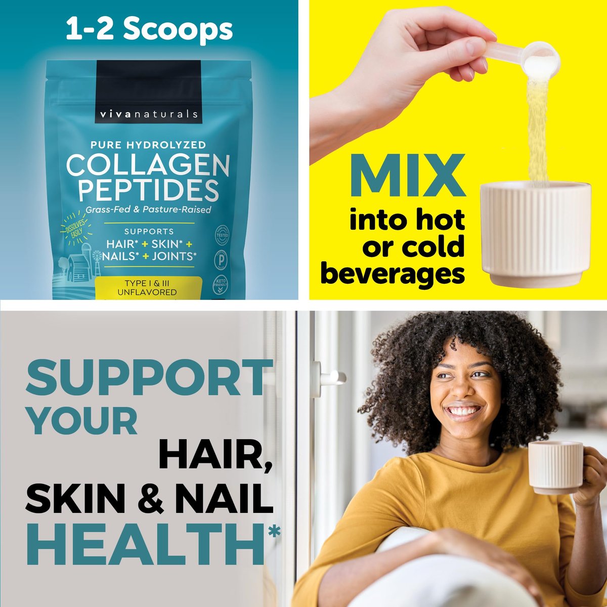 Viva Naturals Kollagen-Peptid-Pulver – Weidehaltung, hydrolysiertes Rinderkollagen Typ I & III – 19 g Protein, ungesüßt, leicht löslich – Unterstützung für Gelenke, Haut, Haare & Nägel – Paläo, Keto, Nicht-GVO – 454 g