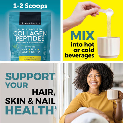 Viva Naturals Kollagen-Peptid-Pulver – Weidehaltung, hydrolysiertes Rinderkollagen Typ I & III – 19 g Protein, ungesüßt, leicht löslich – Unterstützung für Gelenke, Haut, Haare & Nägel – Paläo, Keto, Nicht-GVO – 454 g