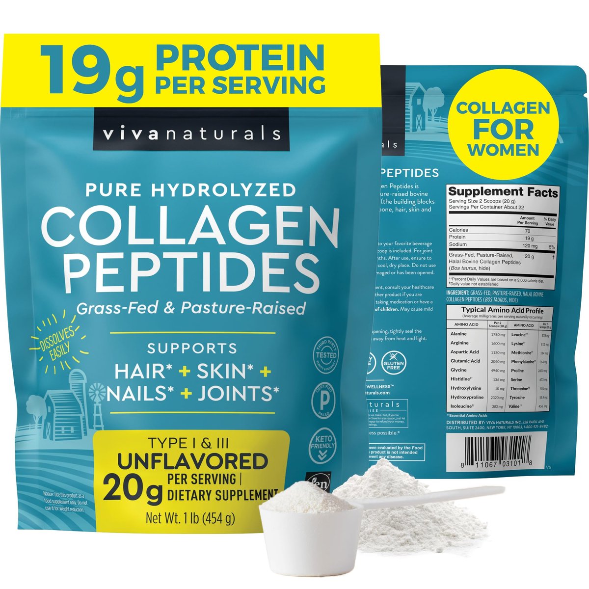 Viva Naturals Kollagen-Peptid-Pulver – Weidehaltung, hydrolysiertes Rinderkollagen Typ I & III – 19 g Protein, ungesüßt, leicht löslich – Unterstützung für Gelenke, Haut, Haare & Nägel – Paläo, Keto, Nicht-GVO – 454 g