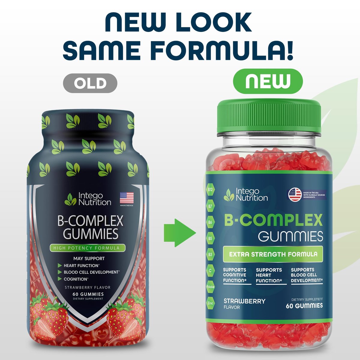 INTEGO NUTRITION Vitamin B Komplex Gummis für Erwachsene – B-Vitamin-Komplex für Energie und Gehirngesundheit – Natürlicher Erdbeergeschmack – 60 Stück